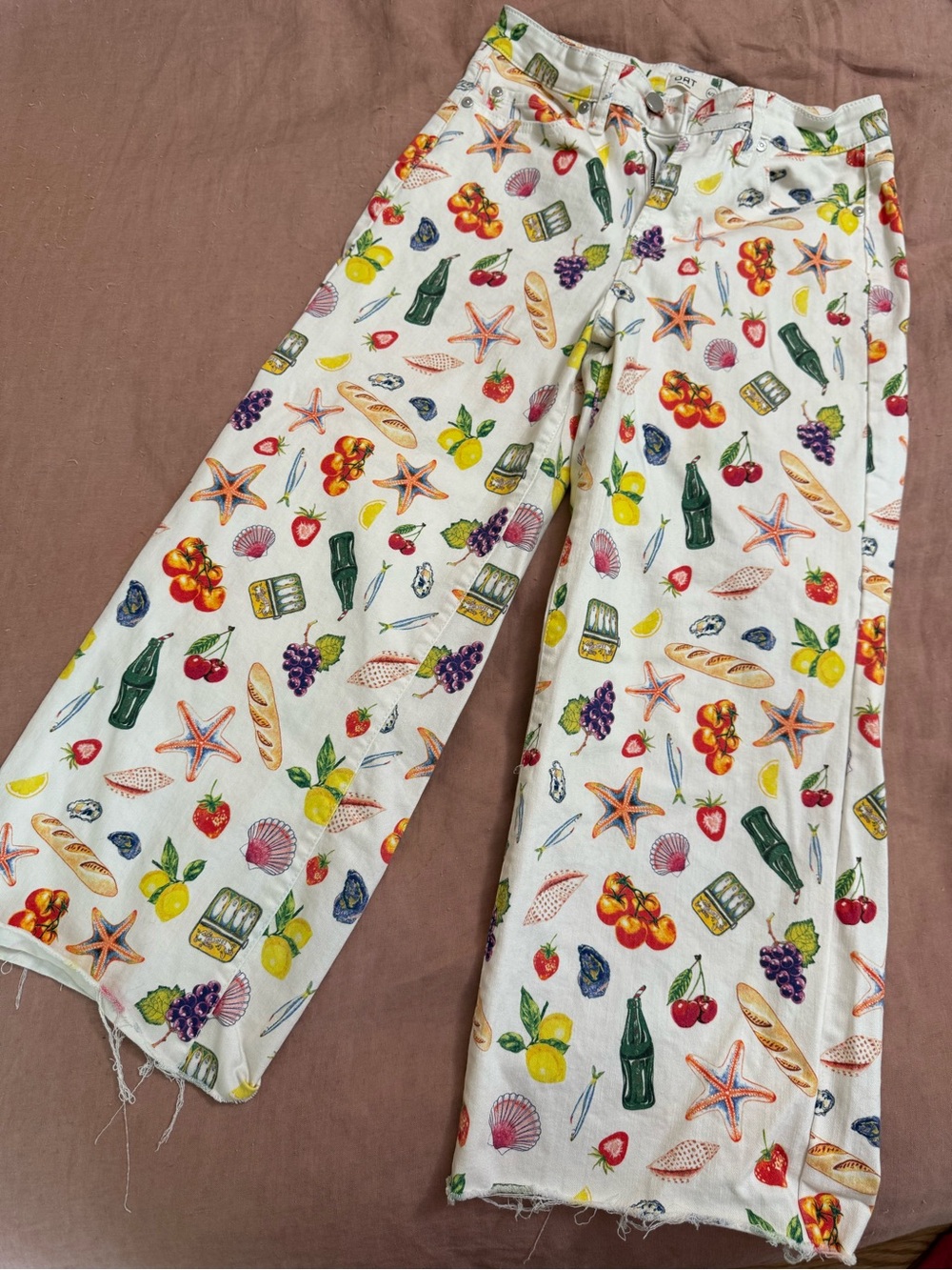 Printed Wide-Leg Bottoms in White with Colorful Fruit & Sea Motif- Oat New York